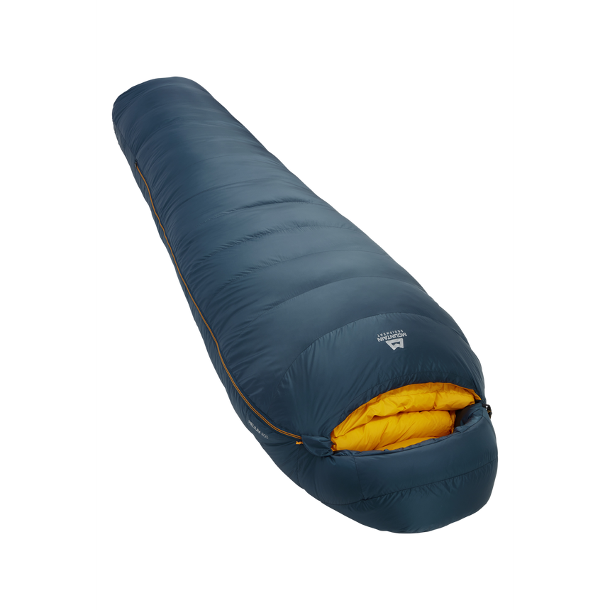 Mountain Equipment Helium 800 Sleeping Bag Outdoor Action Majolica Blue- slanted full length