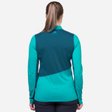 Mountain Equipment Nava LS Women's Zip T Outdoor Action Topaz/Majolica - Back Fit on Model