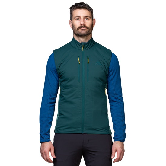 Mountain Equipment Switch Men's Vest Outdoor Action Pine/Fern- front fit on model
