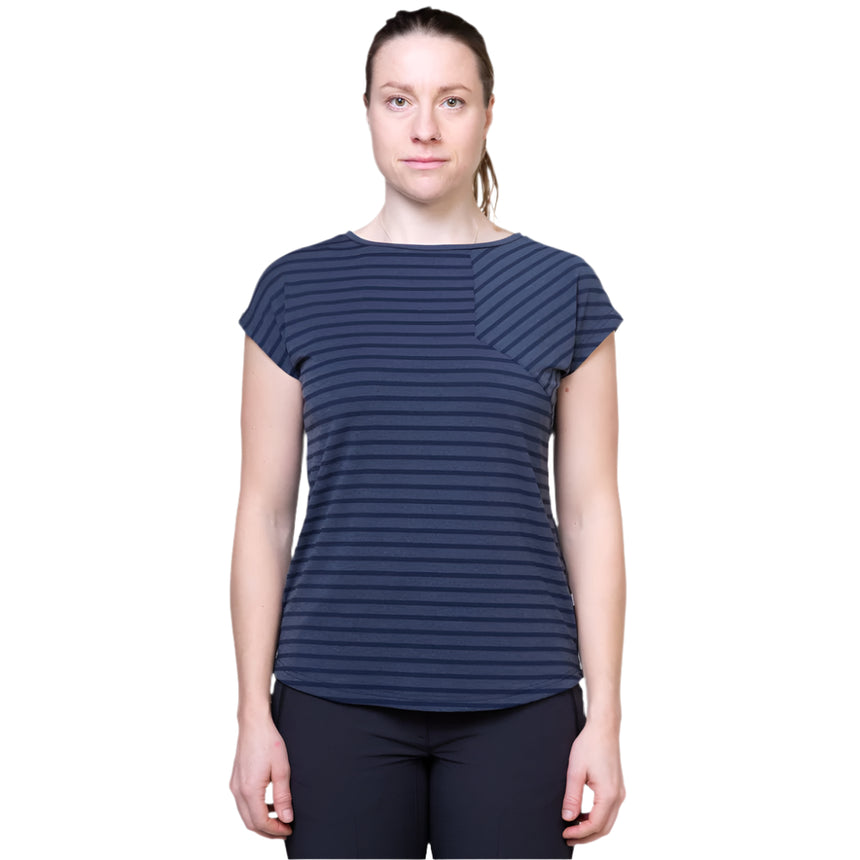 Mountain Equipment Silhouette Women's Tee Outdoor Action Cosmos Stripe/Cosmos - Front Fit on Model