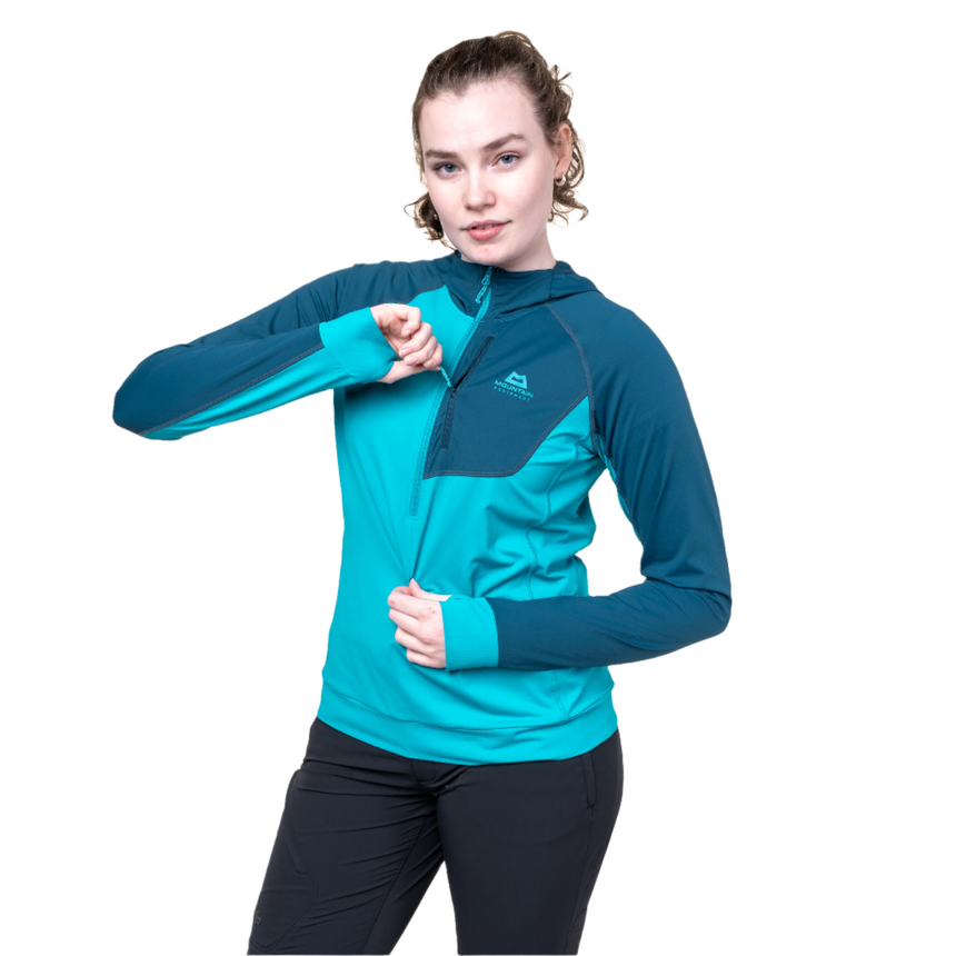 Mountain Equipment Aiguille Hooded Women's Top Outdoor Action Topaz/Majolica Blue - Front View