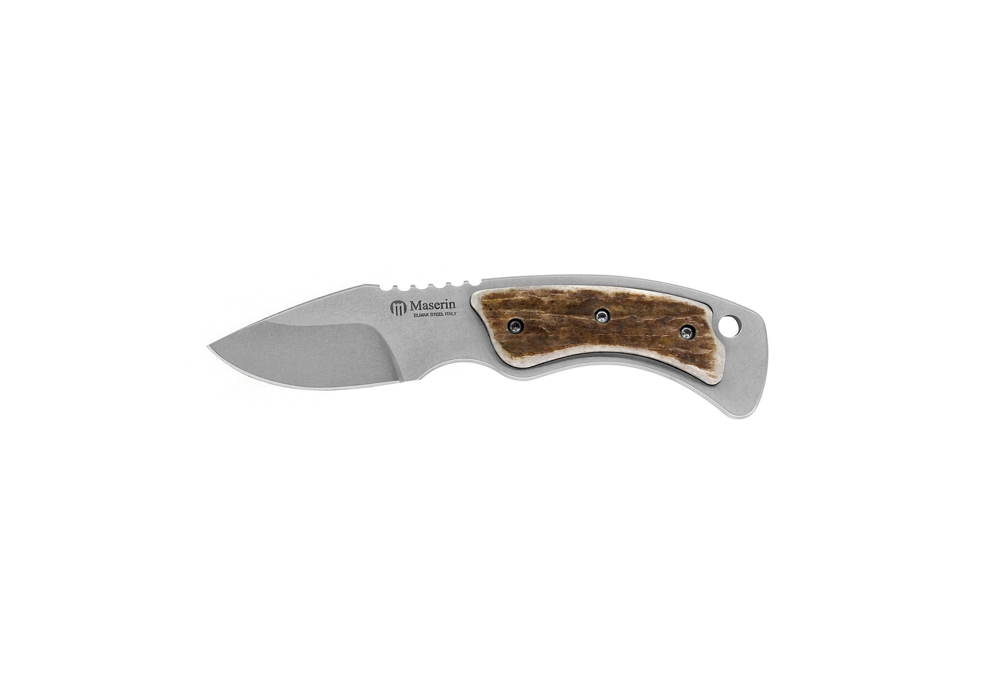 Close-up of Maserin 924 Mini Trapper natural deer horn handle scales with stainless steel screws