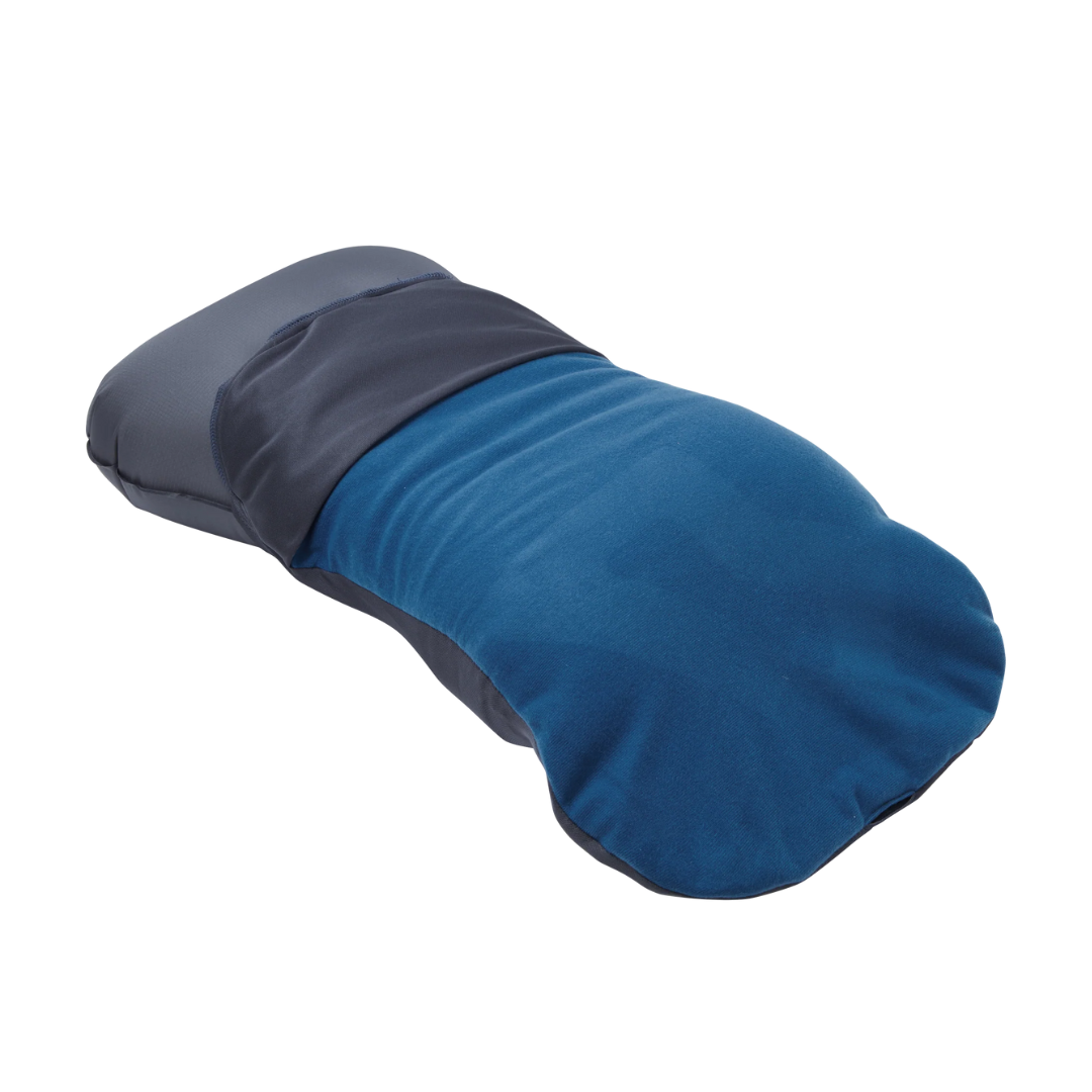 Mountain Equipment Aerostat Synthetic Pillow in Deep Sea Blue - Removable Topper Cover Partially Removed