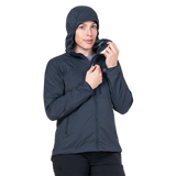 Mountain Equipment Aerotherm Hooded Women's Jacket in Blue Nights - Hood up model view