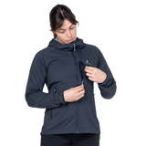 Mountain Equipment Aerotherm Hooded Women's Jacket in Blue Nights - Hood adjustment model view