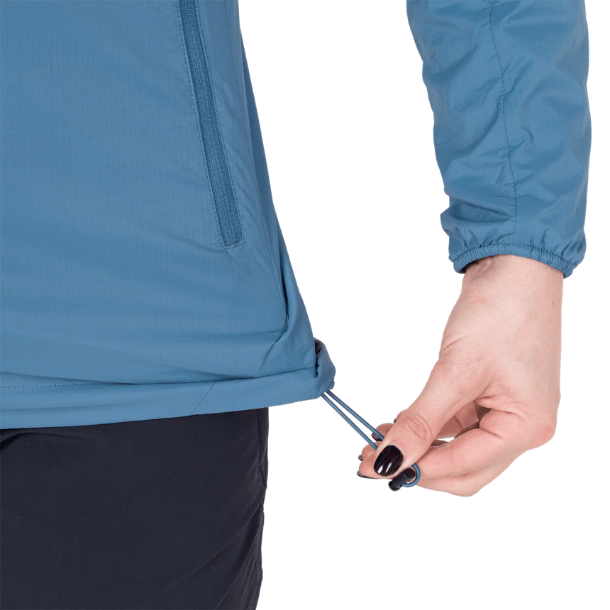 Mountain Equipment Aerotherm Hooded Women's Jacket in Stellar Blue - Pocket detail