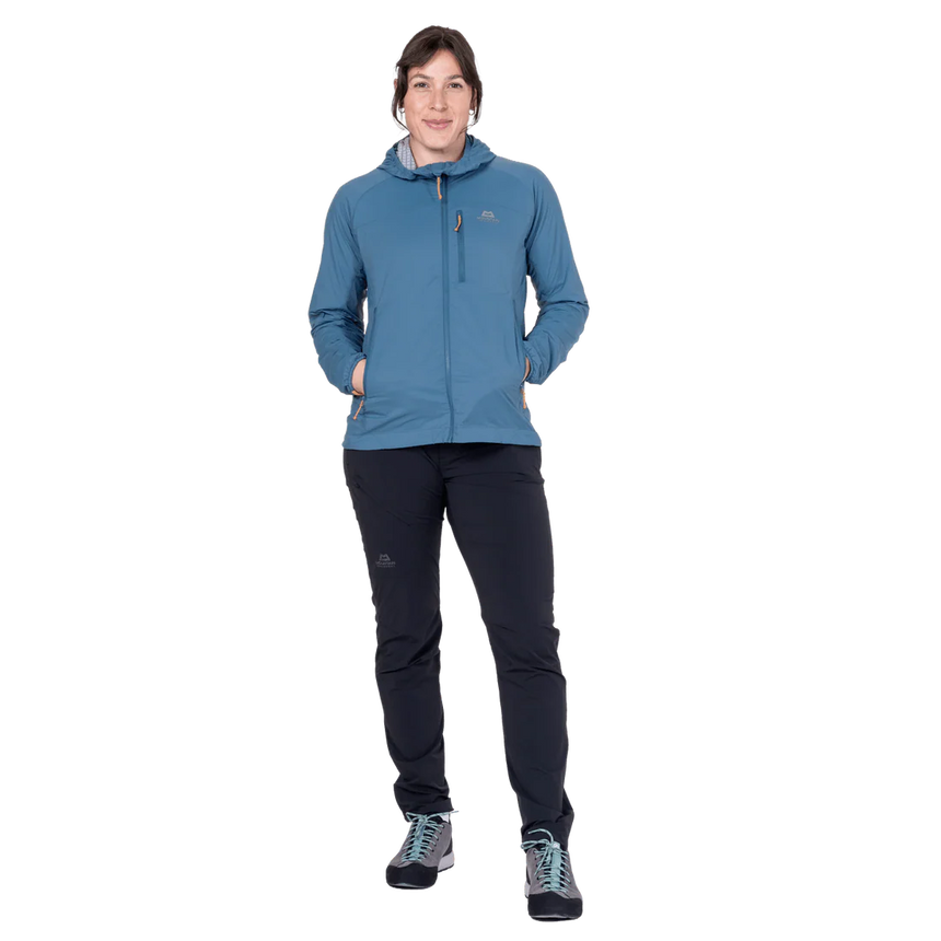 Mountain Equipment Aerotherm Hooded Women's Jacket in Stellar Blue - Front model view
