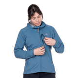Mountain Equipment Aerotherm Hooded Women's Jacket in Stellar Blue - Hood adjustment model view