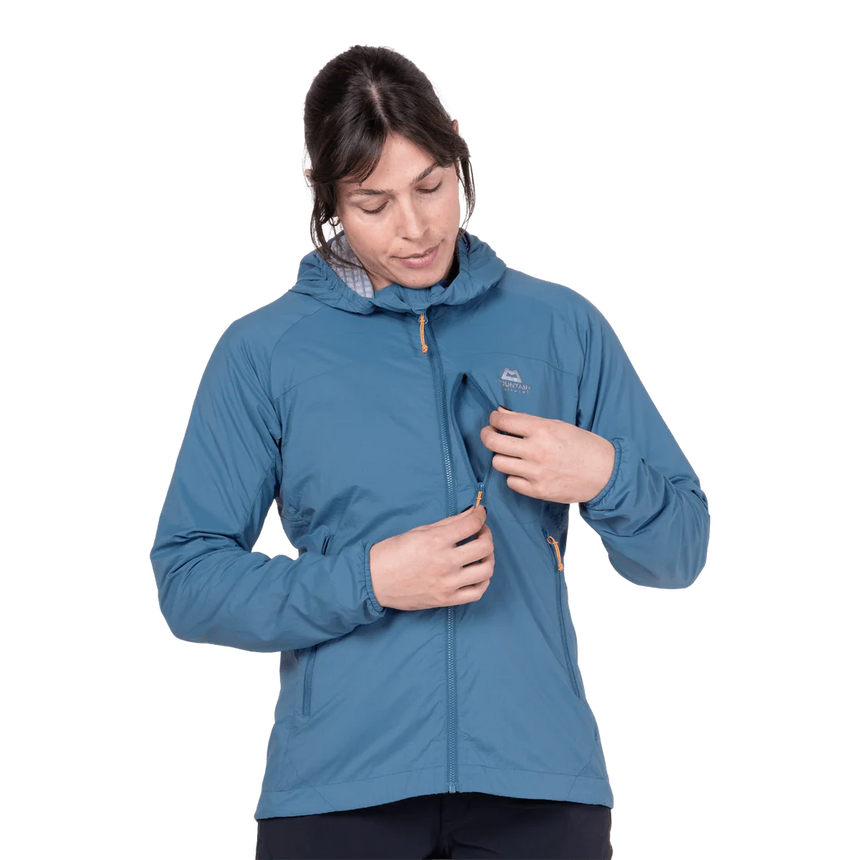 Mountain Equipment Aerotherm Hooded Women's Jacket in Stellar Blue - Hood adjustment model view