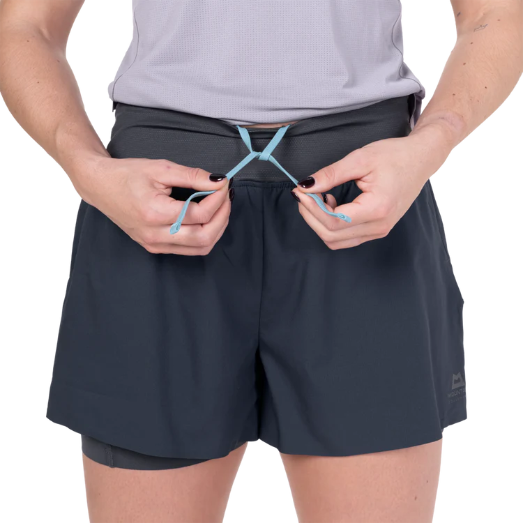 Mountain Equipment Agilix Women's Twin Short in Blue Nights - Drawcord waistband detail