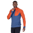 Mountain Equipment Aiguille Hooded Men's Top in Dusk/Red Rock - On Model Front Close