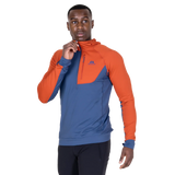 Mountain Equipment Aiguille Hooded Men's Top in Dusk/Red Rock - On Model Front Close