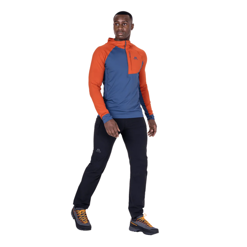 Mountain Equipment Aiguille Hooded Men's Top in Dusk/Red Rock - On Model Walking Side