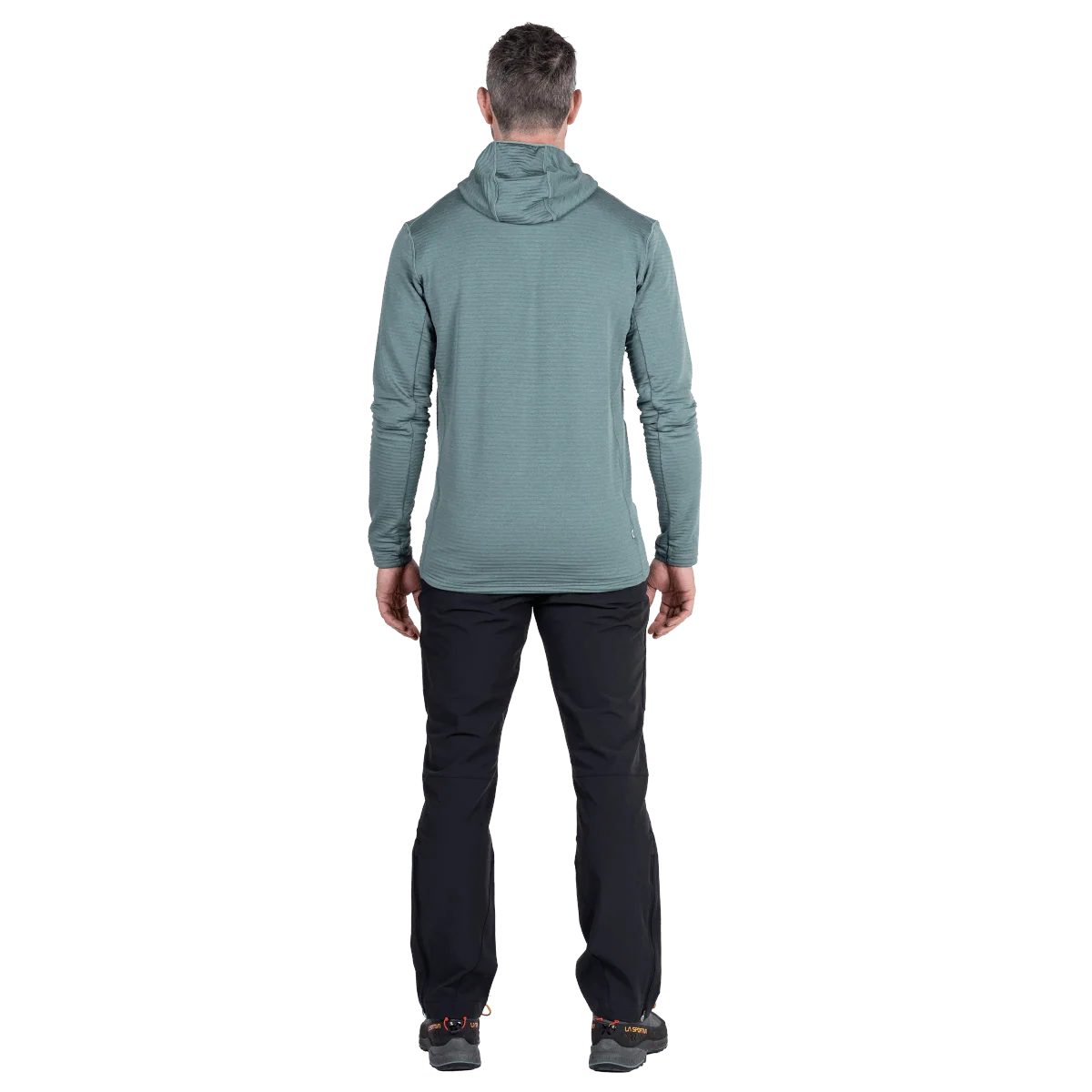 Mountain Equipment Apiro Hooded Men's Jacket in Goblin Blue - Back, on model