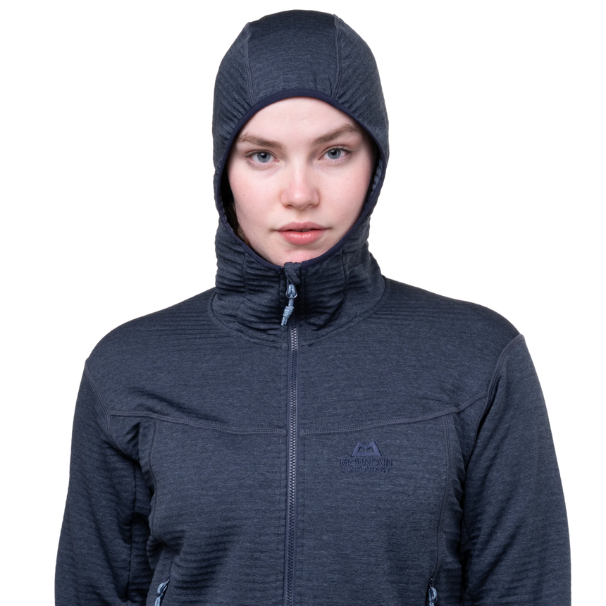 Mountain Equipment Apiro Hooded Women's Jacket in Cosmos - Hood on Model