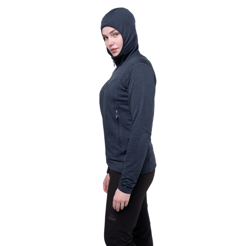 Mountain Equipment Apiro Hooded Women's Jacket in Cosmos - Side on Model