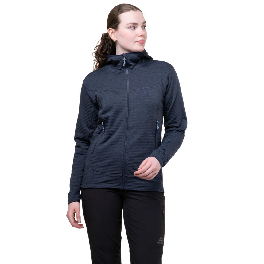 Mountain Equipment Apiro Hooded Women's Jacket in Cosmos - Three Quarter on Model