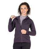 Mountain Equipment Apiro Hooded Women's Jacket in Nightshade - Front, fit on model 2