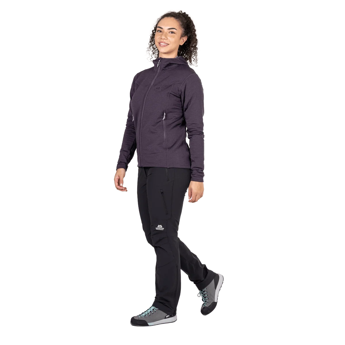 Mountain Equipment Apiro Hooded Women's Jacket in Nightshade - Side, on model