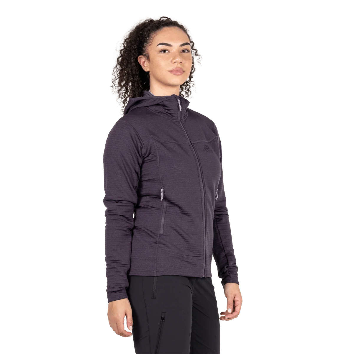 Mountain Equipment Apiro Hooded Women's Jacket in Nightshade - Three-quarter, on model