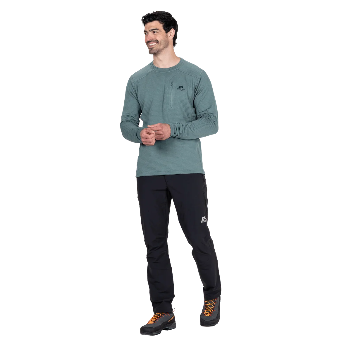 Mountain Equipment Apiro Men's Crew in Goblin Blue - Sleeve Detail on Model