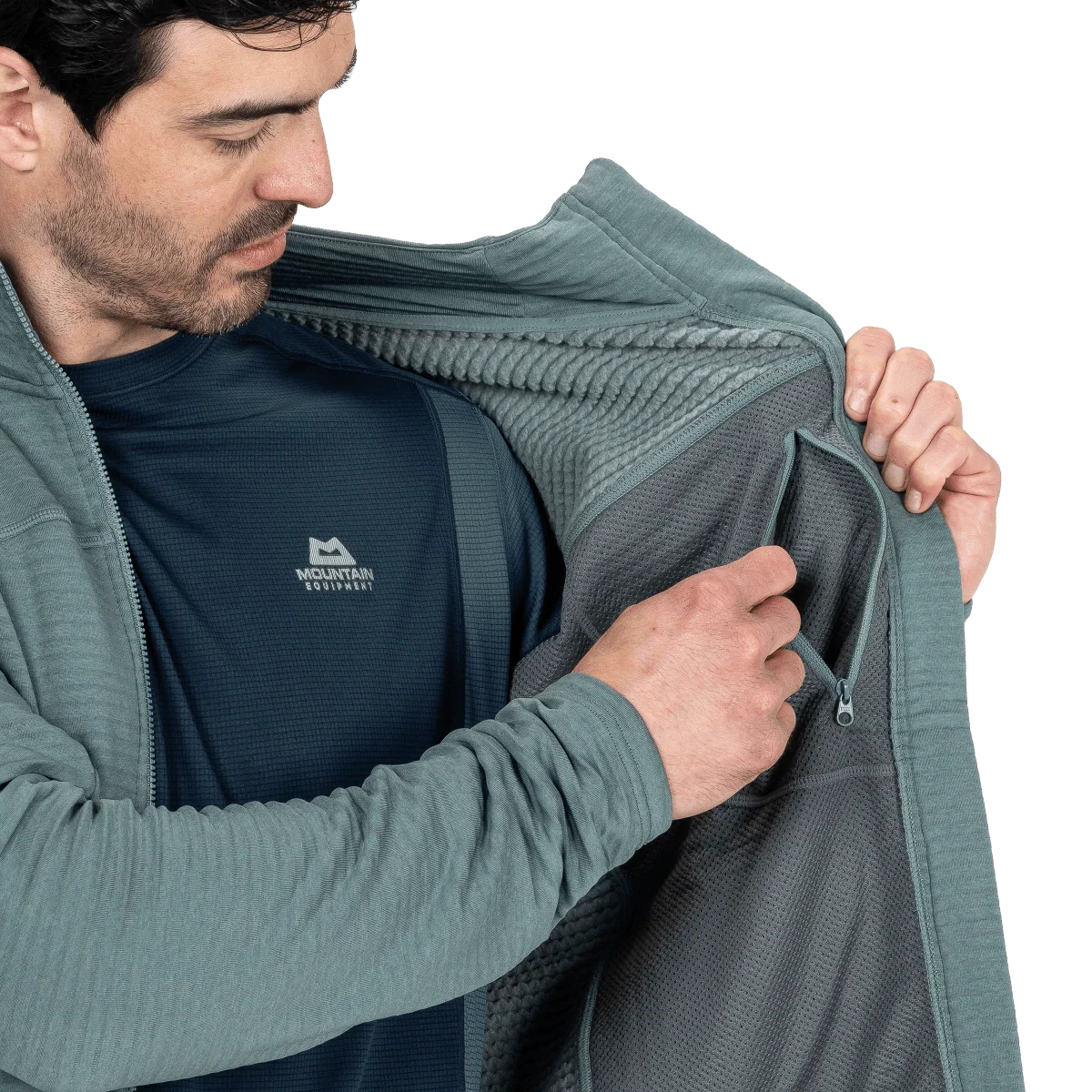 Mountain Equipment Apiro Men's Jacket in Goblin Blue - Interior on Model