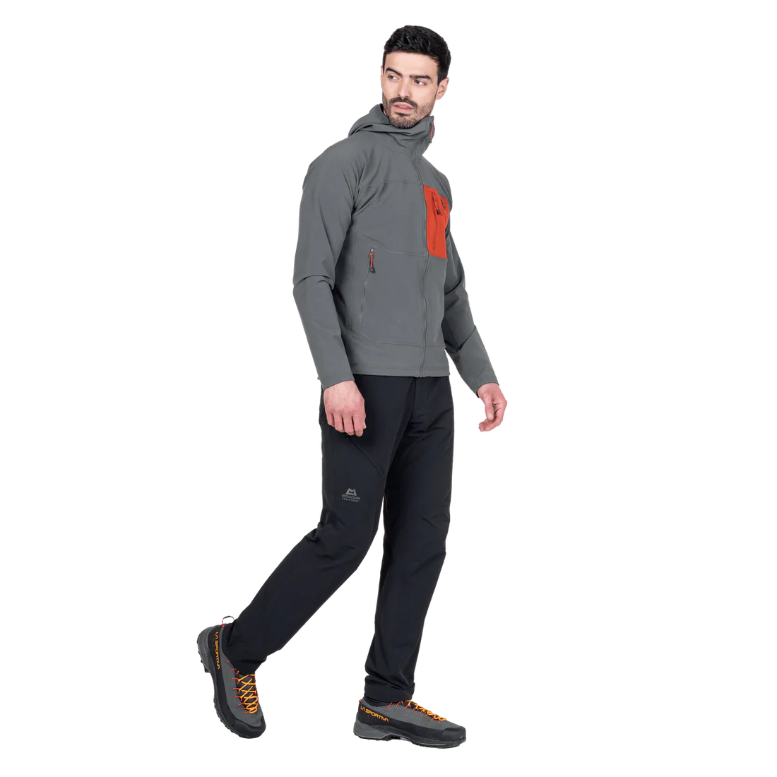 Mountain Equipment Arrow Hooded Men's Jacket in Anvil/Redrock - On Model Front 2