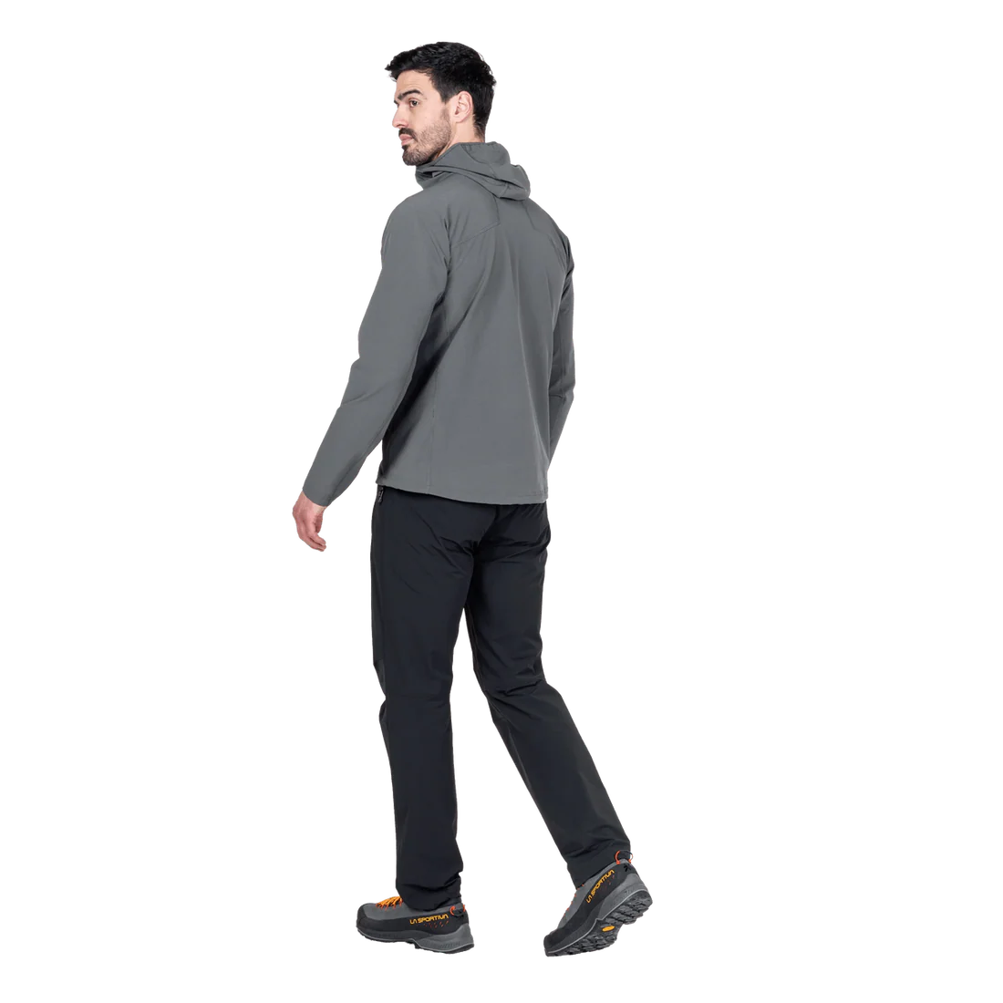 Mountain Equipment Arrow Hooded Men's Jacket in Anvil/Redrock - On Model Front Full