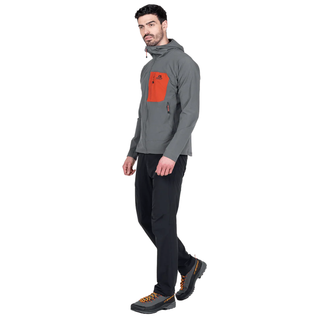 Mountain Equipment Arrow Hooded Men's Jacket in Anvil/Redrock - On Model Front Walk