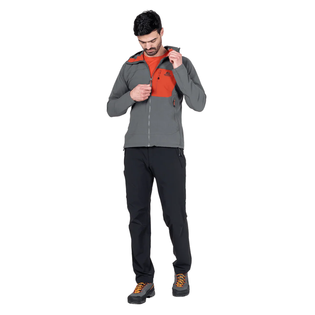 Mountain Equipment Arrow Hooded Men's Jacket in Anvil/Redrock - Pocket Zip Detail
