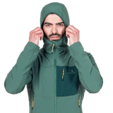 Mountain Equipment Arrow Hooded Men's Jacket in Fern/Pine - On Model Hood Front