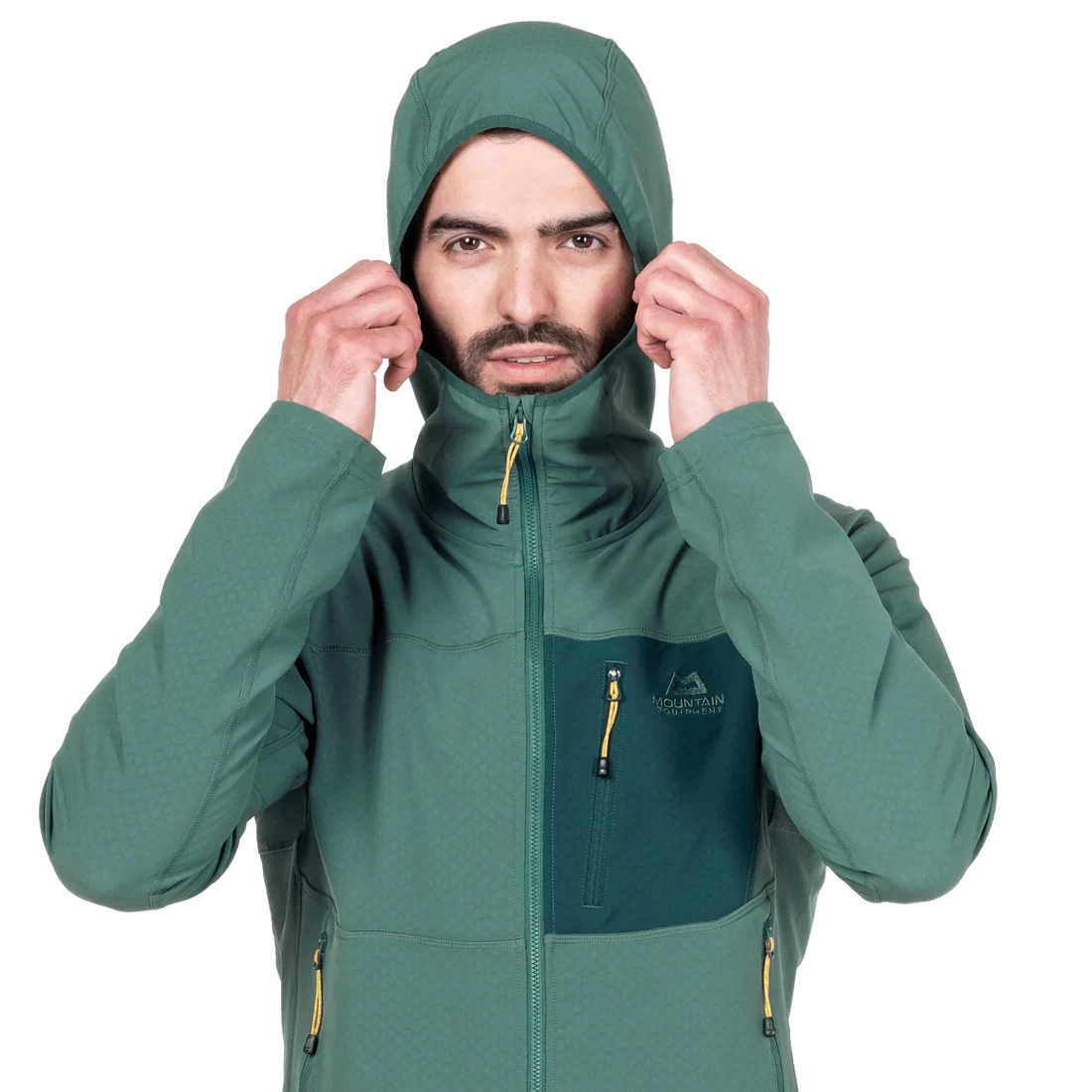 Mountain Equipment Arrow Hooded Men's Jacket in Fern/Pine - On Model Hood Front