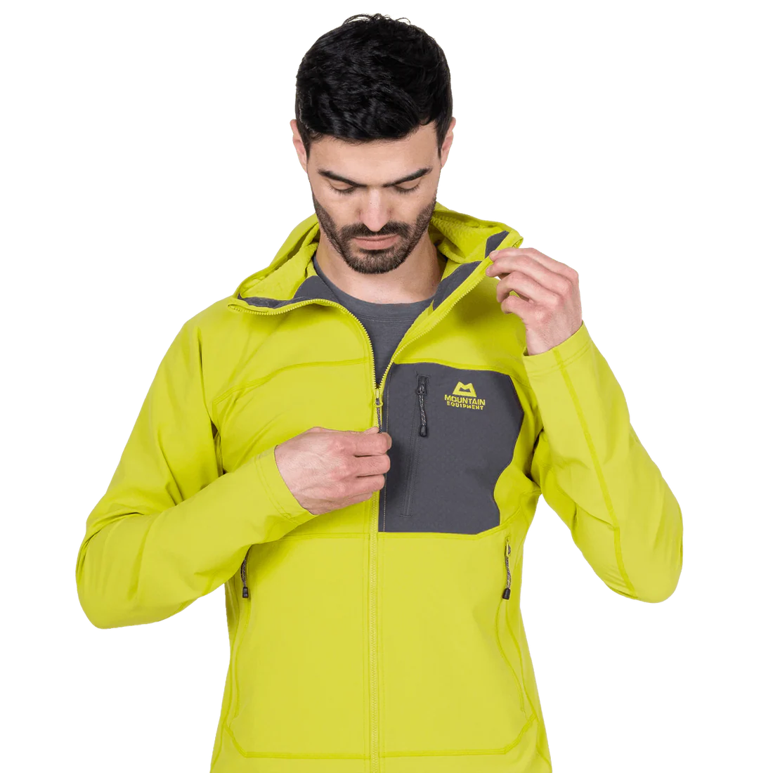 Mountain Equipment Arrow Hooded Men's Jacket in Vine/Anvil Grey - On Model Pocket Detail