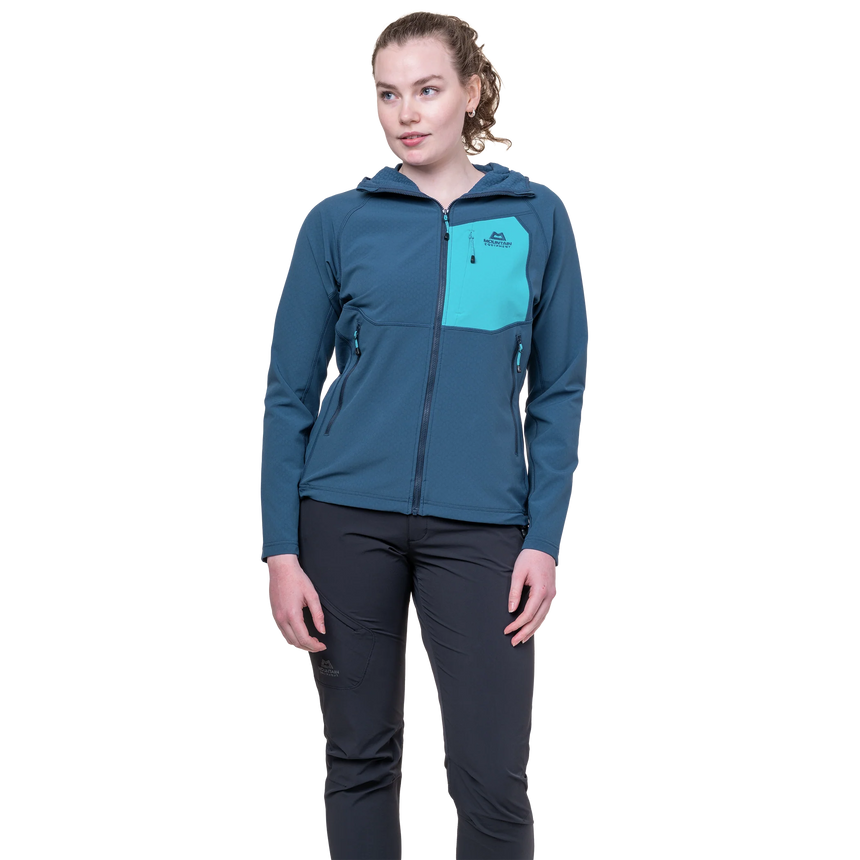 Mountain Equipment Arrow Hooded Women's Jacket in Dusk/Topaz - On Model Front