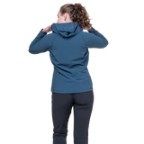 Mountain Equipment Arrow Hooded Women's Jacket in Dusk/Topaz - On Model Hood Adjust