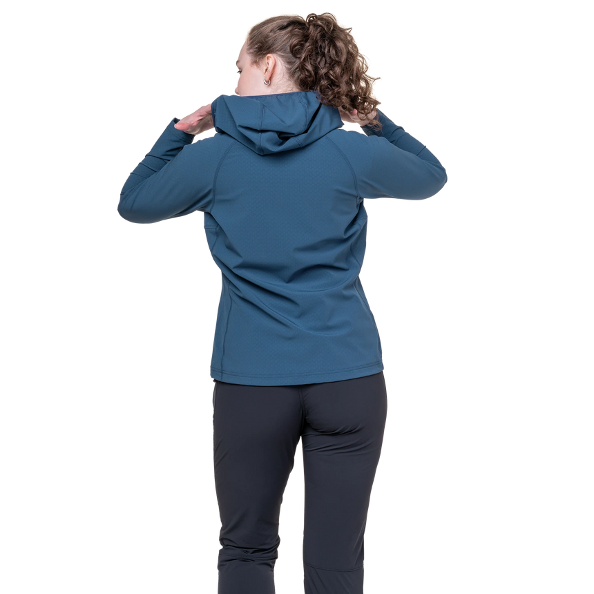 Mountain Equipment Arrow Hooded Women's Jacket in Dusk/Topaz - On Model Hood Adjust