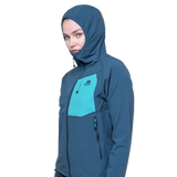 Mountain Equipment Arrow Hooded Women's Jacket in Dusk/Topaz - On Model Hood Front