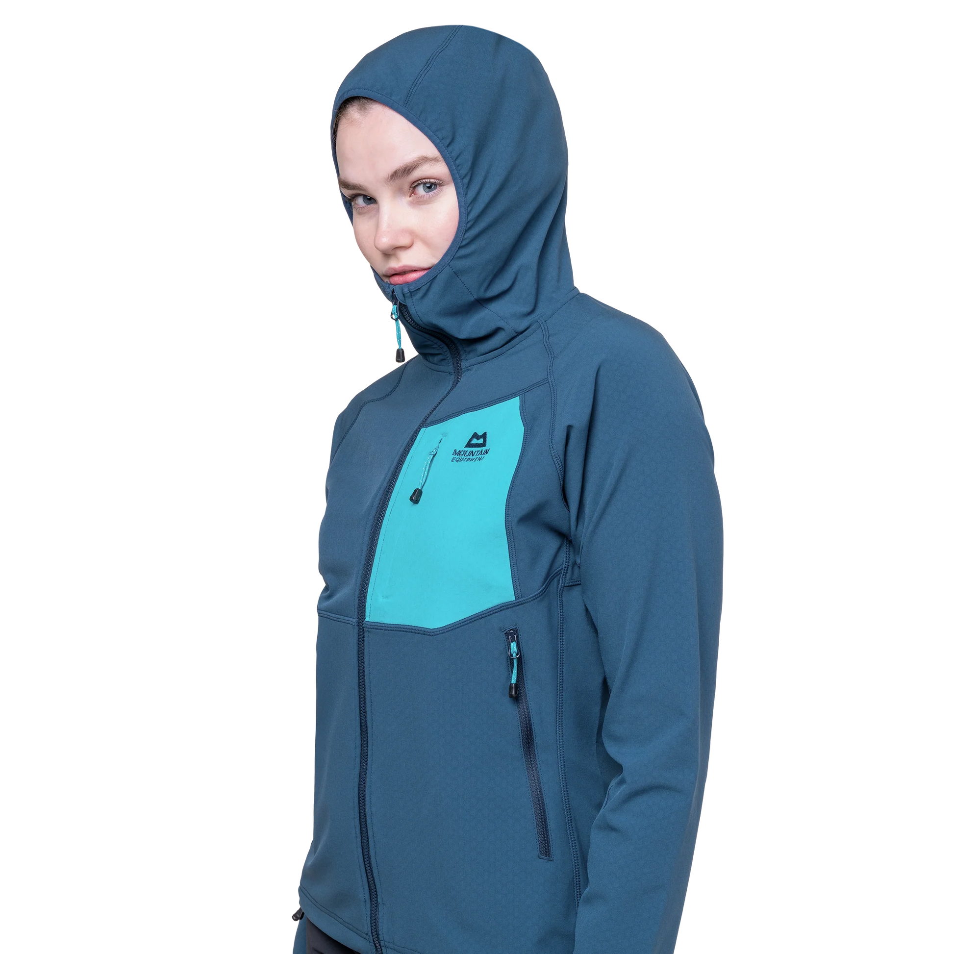 Mountain Equipment Arrow Hooded Women's Jacket in Dusk/Topaz - On Model Hood Front