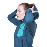 Mountain Equipment Arrow Hooded Women's Jacket in Dusk/Topaz - On Model Hood Side 2