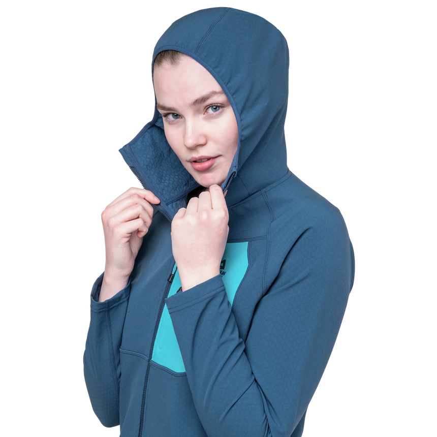 Mountain Equipment Arrow Hooded Women's Jacket in Dusk/Topaz - On Model Hood Side