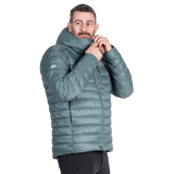 Mountain Equipment Baltoro Men's Jacket in Goblin Blue - Hood Detail On Model