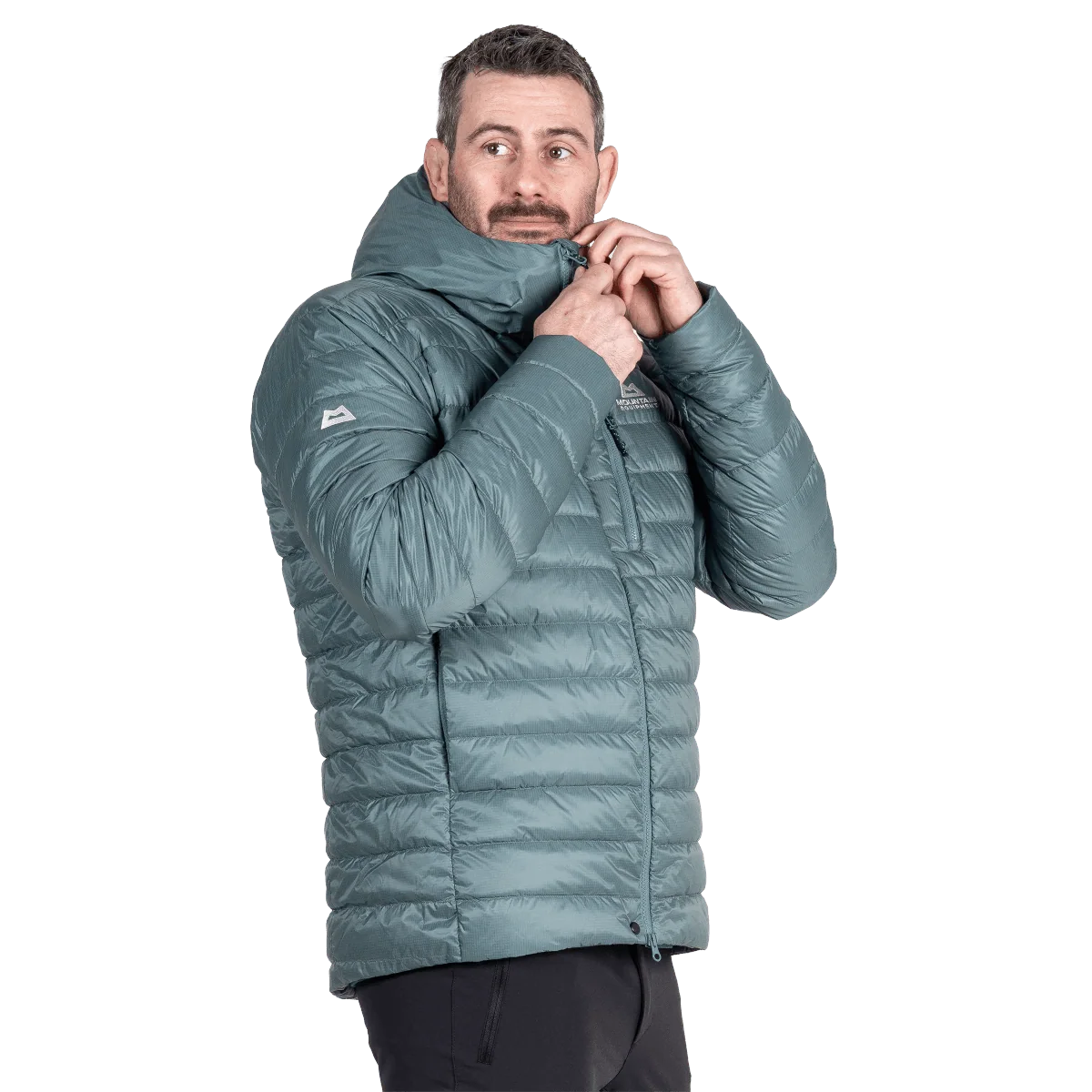 Mountain Equipment Baltoro Men's Jacket in Goblin Blue - Hood Detail On Model