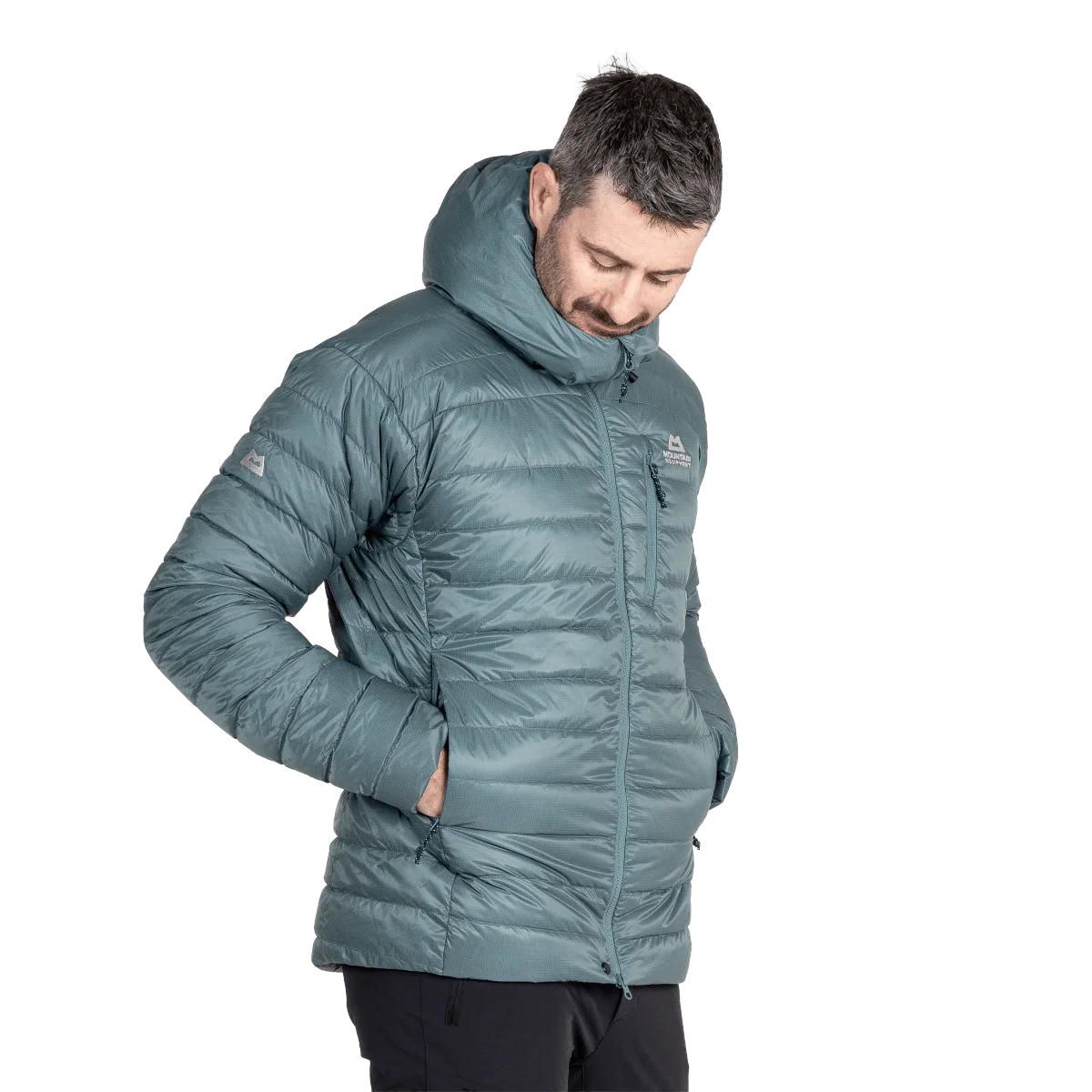 Mountain Equipment Baltoro Men's Jacket in Goblin Blue - Hood On Model