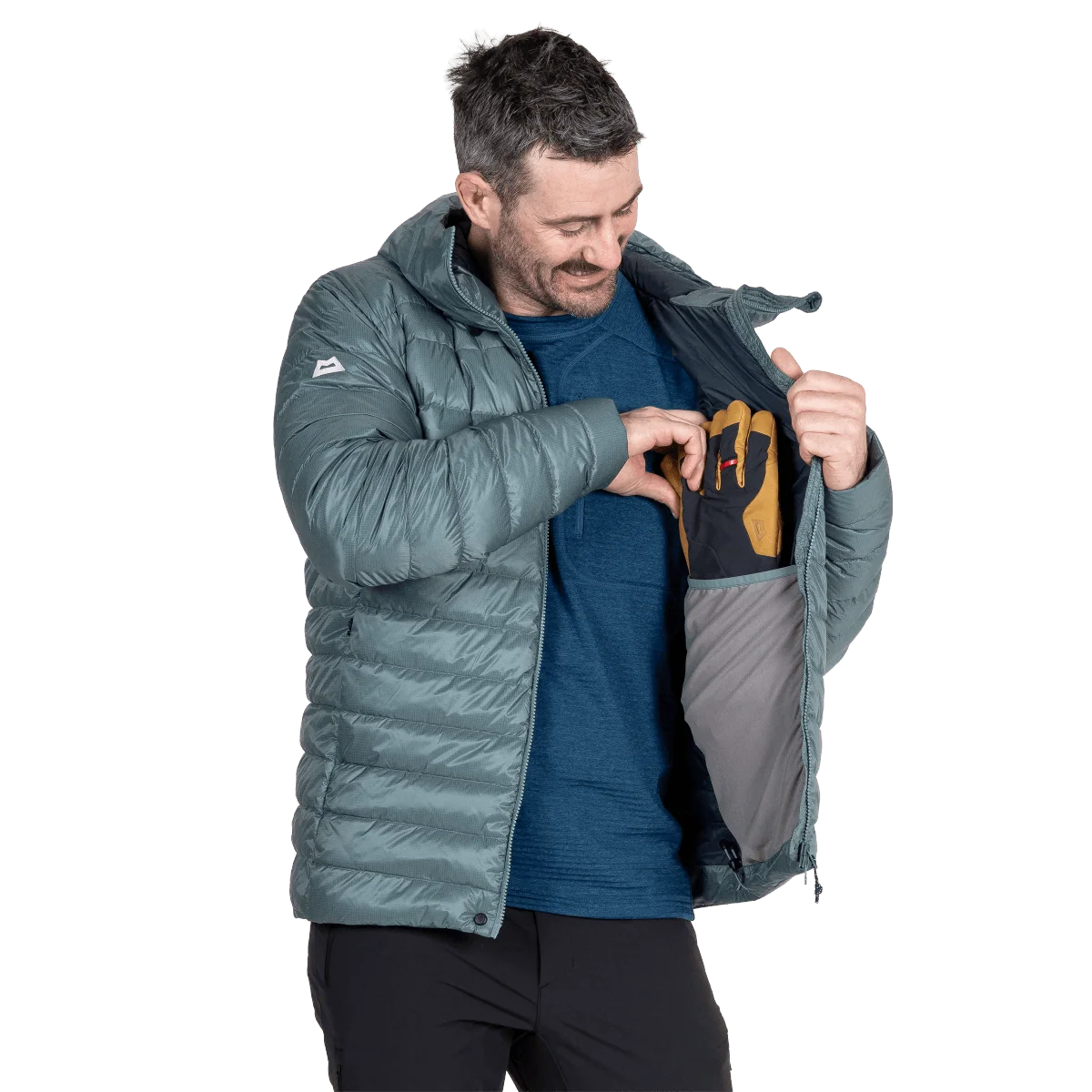 Mountain Equipment Baltoro Men's Jacket in Goblin Blue - Inner Pocket On Model