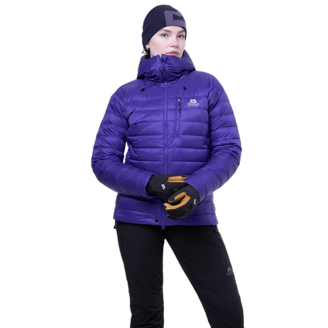 Mountain Equipment Baltoro Women's Jacket in Clematis - Front Fit on Model