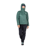 Mountain Equipment Baltoro Women's Jacket in Sea Pine - Hood On Model