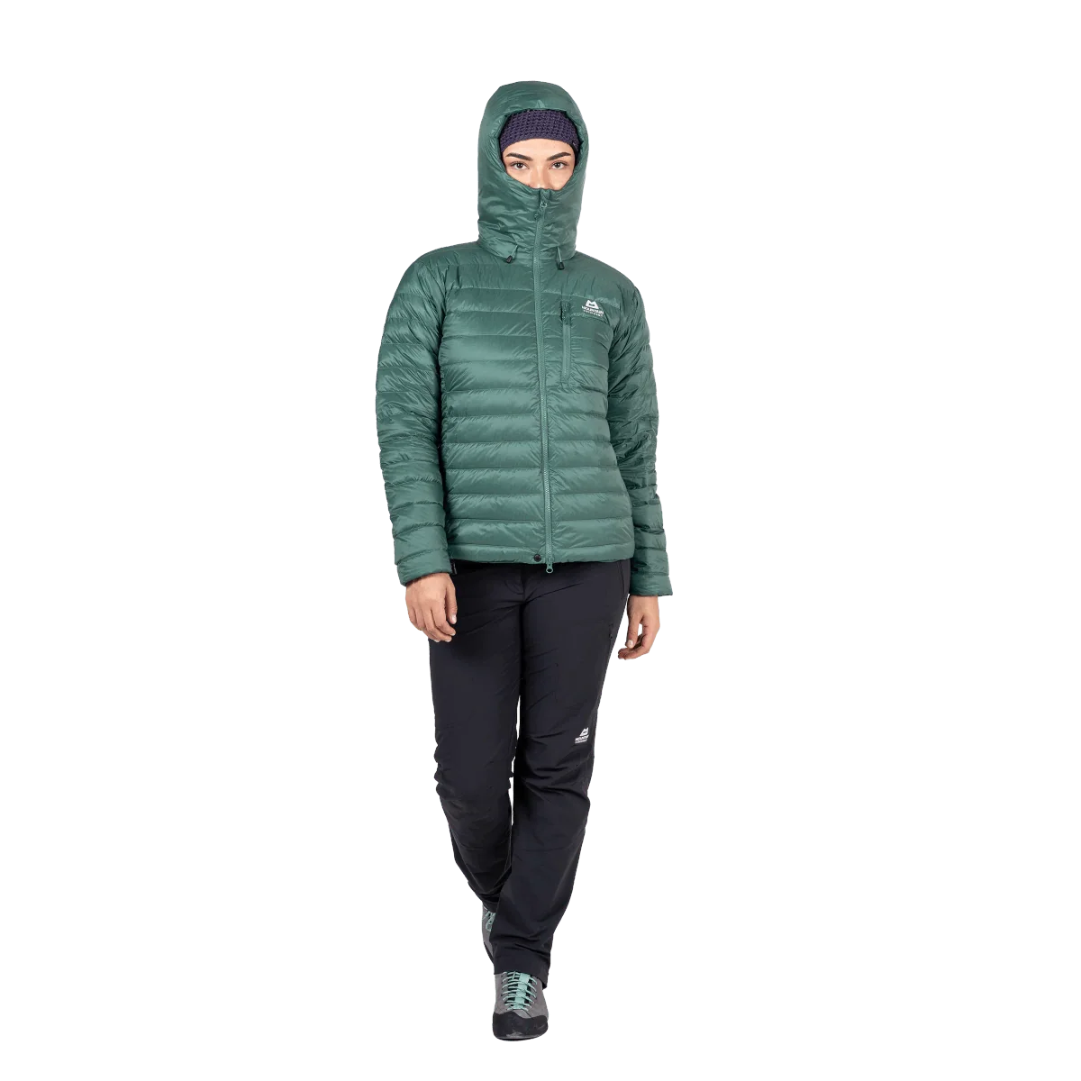 Mountain Equipment Baltoro Women's Jacket in Sea Pine - Hood On Model