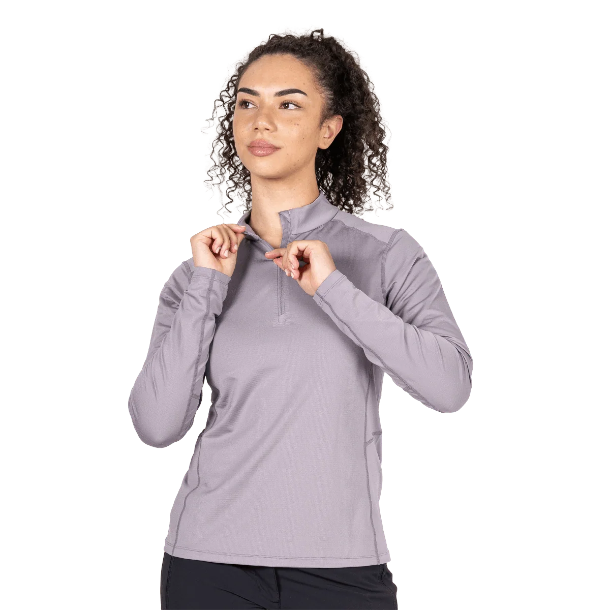Mountain Equipment Cerrig Women's LS Zip T in Allium - Front on Model, Zip Detail