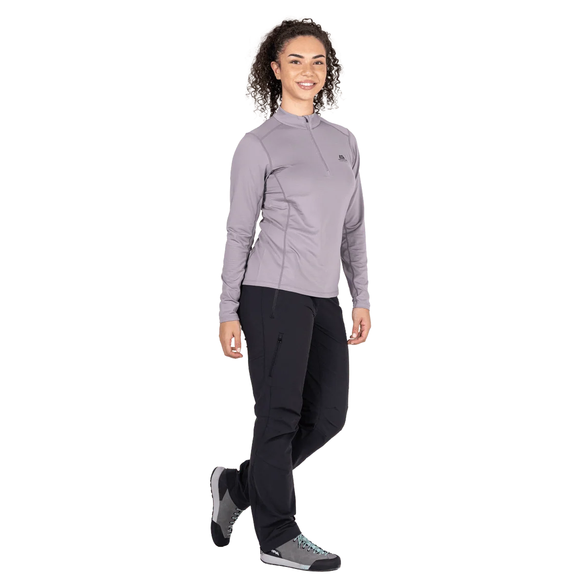 Mountain Equipment Cerrig Women's LS Zip T in Allium - Side on Model 2