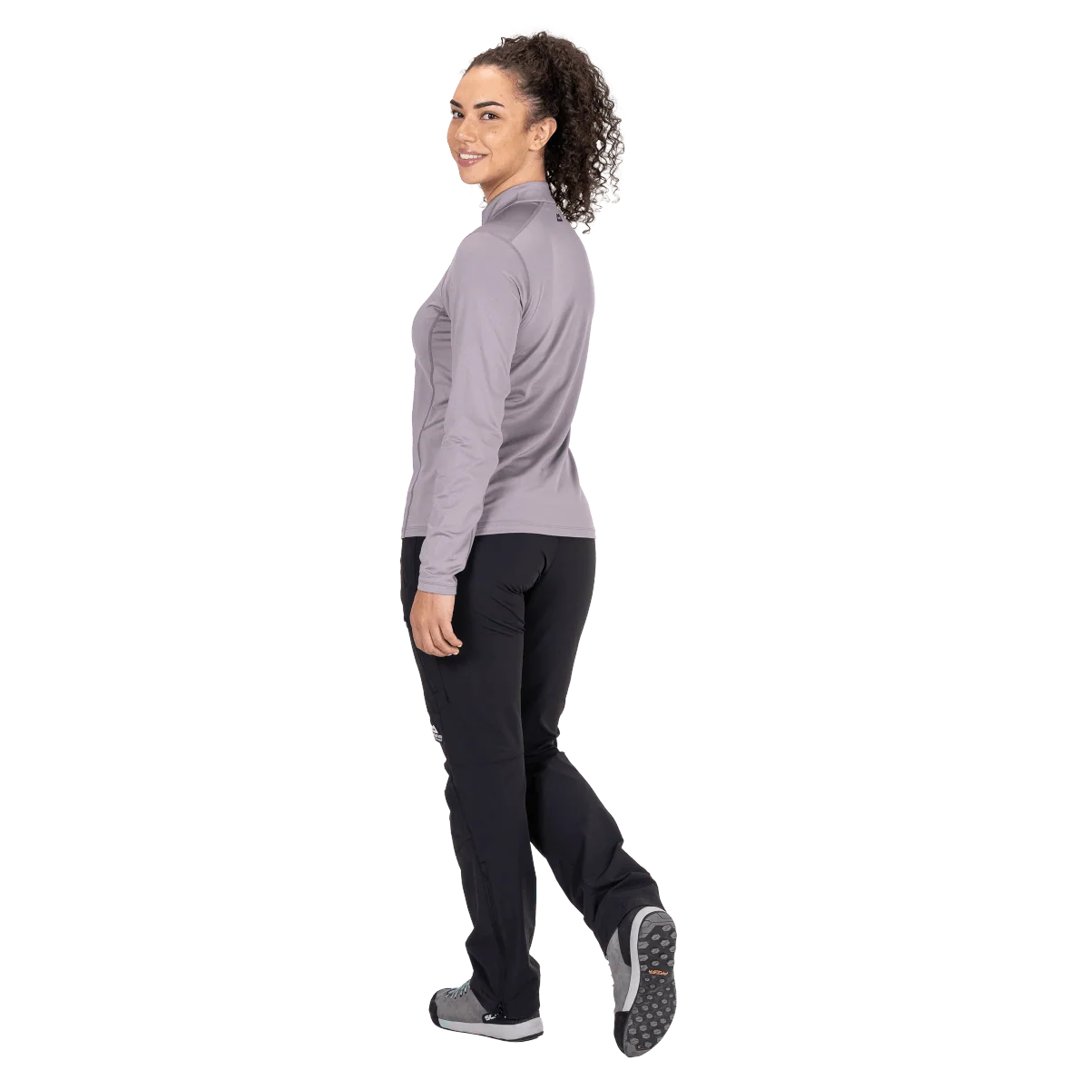 Mountain Equipment Cerrig Women's LS Zip T in Allium - Side on Model
